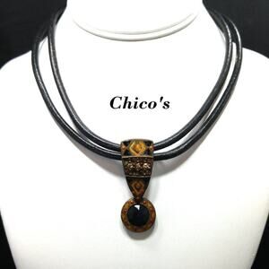 Chico's Enamel Rhinestone Leather Pendant Necklace, 20 Inches